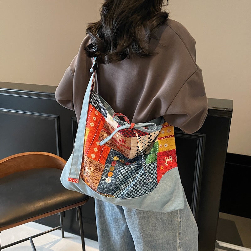 Ethnic Style Floral Canvas Shoulder Bag For Women New Style Lazy Style Large Capacity Reversible Handheld Tote Bag Commuter Bag - Image 5