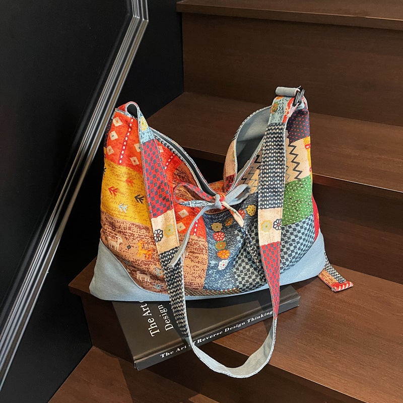 Ethnic Style Floral Canvas Shoulder Bag For Women New Style Lazy Style Large Capacity Reversible Handheld Tote Bag Commuter Bag - Image 2