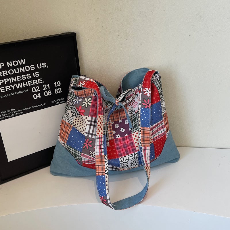 Ethnic Style Floral Canvas Shoulder Bag For Women New Style Lazy Style Large Capacity Reversible Handheld Tote Bag Commuter Bag - Image 1