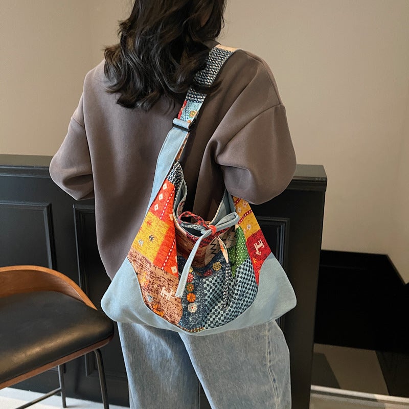 Ethnic Style Floral Canvas Shoulder Bag For Women New Style Lazy Style Large Capacity Reversible Handheld Tote Bag Commuter Bag - Image 4