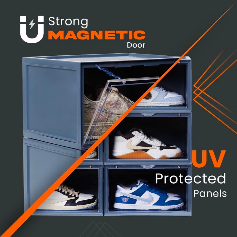 SNEAKARE Plastic Shoe Storage Organizer Set Of 2 Nardo Grey HeavyDuty Stackable Sneaker Box With Magnetic Closure Easy Installation Foldable Multipurpose Large Storage Box Fits Size UK14 - Image 4
