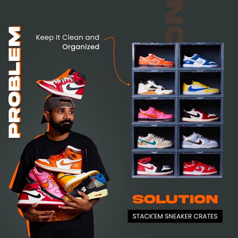 SNEAKARE Plastic Shoe Storage Organizer Set Of 2 Nardo Grey HeavyDuty Stackable Sneaker Box With Magnetic Closure Easy Installation Foldable Multipurpose Large Storage Box Fits Size UK14 - Image 5