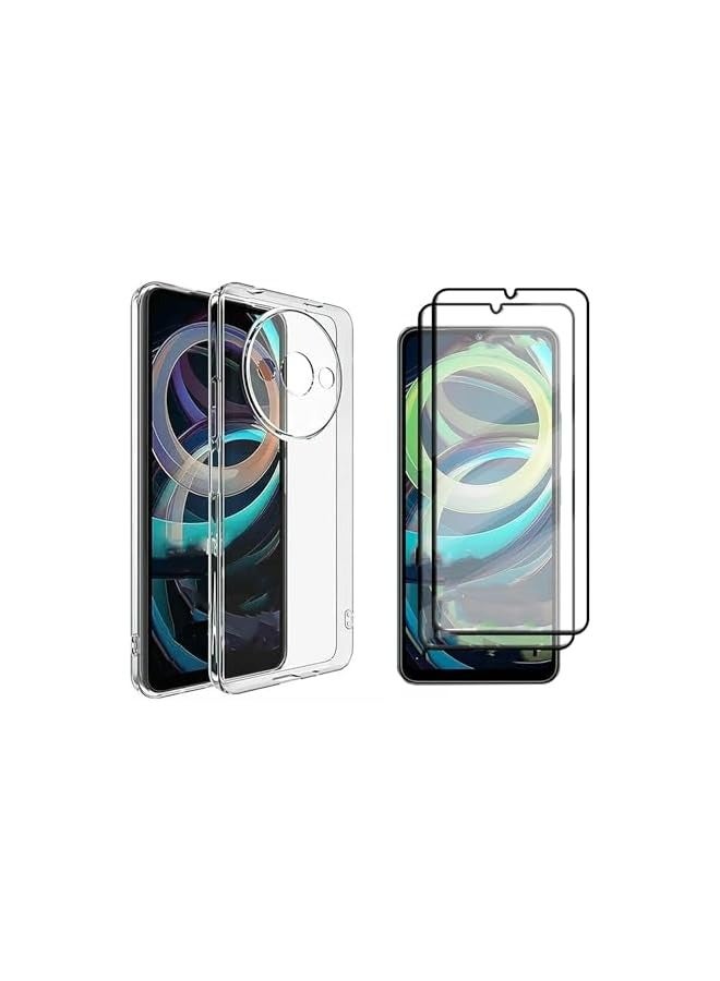 PROMASS (1+2pcs) Case Compatible with Redmi A3 Case Cover & (2Pcs) Screen Protector Tempered Glass Protector Soft TPU Transparent Cover (Clear) (Black) - Image 1
