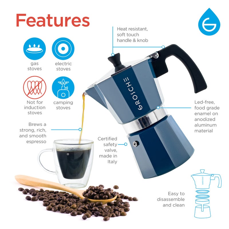 GROSCHE Milano Stovetop Espresso Maker Moka Pot 9 Espresso Cup, 15.2 oz, Blue. Stove top Coffee Maker Moka Italian Espresso greca Coffee Maker Brewer Percolator - Image 3