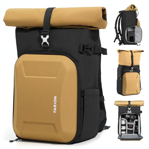 TARION Rolltop Camera Backpack with Hardshell Large Camera Bag with 16 inch Laptop Sleeve and Quick Side Access Urban DSLR Photography Backpack with Waterproof Raincover Tripod Holder Gold XH - Image 1