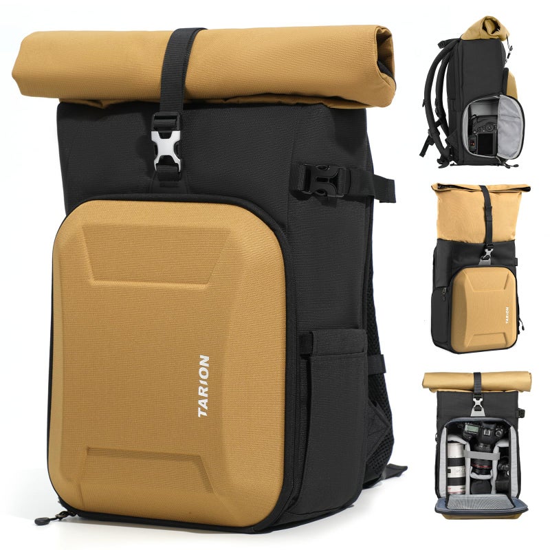TARION Rolltop Camera Backpack with Hardshell Large Camera Bag with 16 inch Laptop Sleeve and Quick Side Access Urban DSLR Photography Backpack with Waterproof Raincover Tripod Holder Gold XH - Image 2