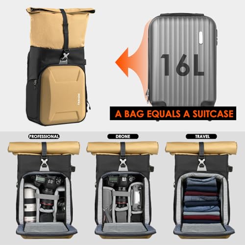 TARION Rolltop Camera Backpack with Hardshell Large Camera Bag with 16 inch Laptop Sleeve and Quick Side Access Urban DSLR Photography Backpack with Waterproof Raincover Tripod Holder Gold XH - Image 3