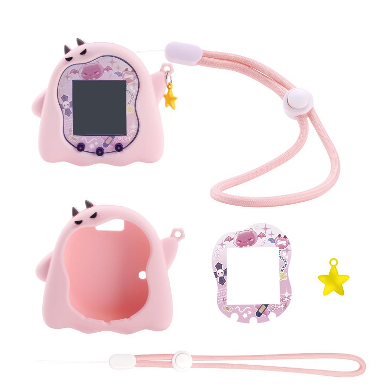 BUBBLELOGUS Silicone Case for Tamagotchi Uni, Soft TPU Protective Cover with Screen Decoration Protector and Adjustable Wrist Strap - Little Devil (Pink) - Image 1