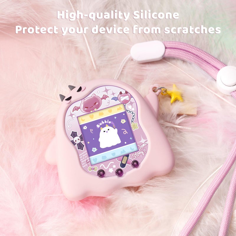 BUBBLELOGUS Silicone Case for Tamagotchi Uni, Soft TPU Protective Cover with Screen Decoration Protector and Adjustable Wrist Strap - Little Devil (Pink) - Image 2