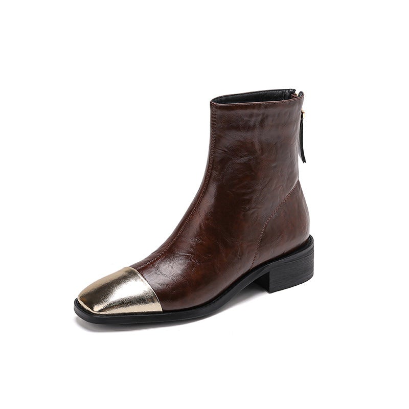 2024 Winter New Leisure Low-Heeled Stitching 32-43 Plus Size British Style Metal Square Low-Heeled Boots - Image 1