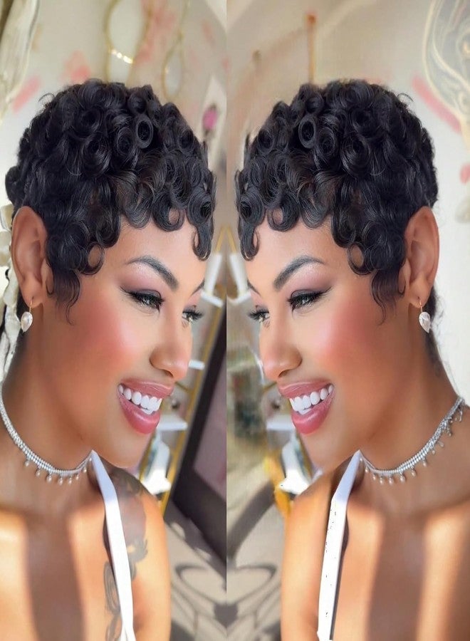 FCHW-wig FCHW short wigs for women Short Black Wave Wig For Black Women Synthetic Pixie Wig 3inch Black Pixie Cut Wig With Bangs short hairstyles wigs - Image 1