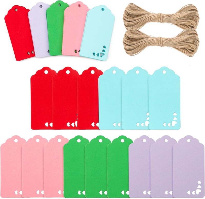 g2plus 100PCS Kraft Paper Gift Tags, 6 Color Hollow Heart Tag, Wedding Favors Hangtags, Blank Gift Tags with String for Baby Shower, Wedding Party Favors - Image 1