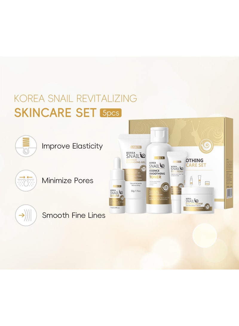 Laikou 5PCS Snail Revitalizing Skincare Set Deep Hydration Soften&Smooth Anti Aging Face Skin Set Fade Dark Eye Circles Eye Cream Smoothing Toner, Radiance Serum, Tightening Eye Cream, Long-Lasting Moisturization Face Cream, Tender Skin Cleansing Gel - Image 3
