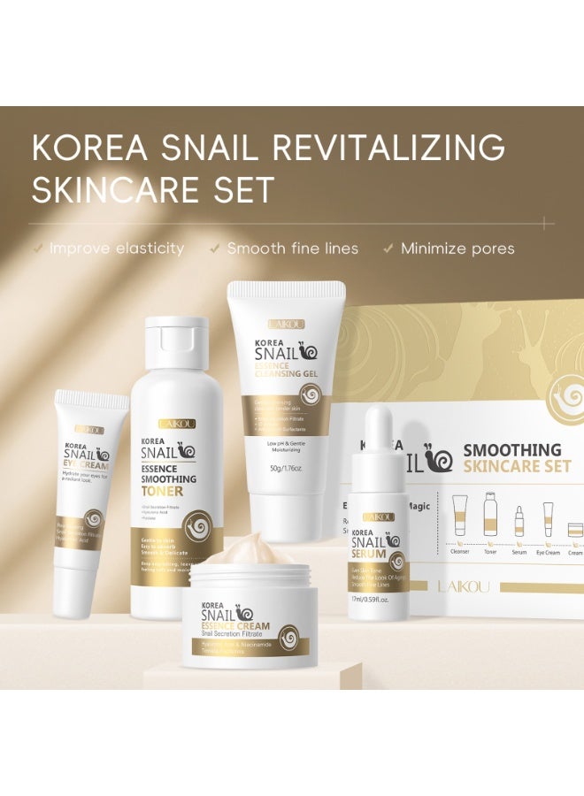 Laikou 5PCS Snail Revitalizing Skincare Set Deep Hydration Soften&Smooth Anti Aging Face Skin Set Fade Dark Eye Circles Eye Cream Smoothing Toner, Radiance Serum, Tightening Eye Cream, Long-Lasting Moisturization Face Cream, Tender Skin Cleansing Gel - Image 2