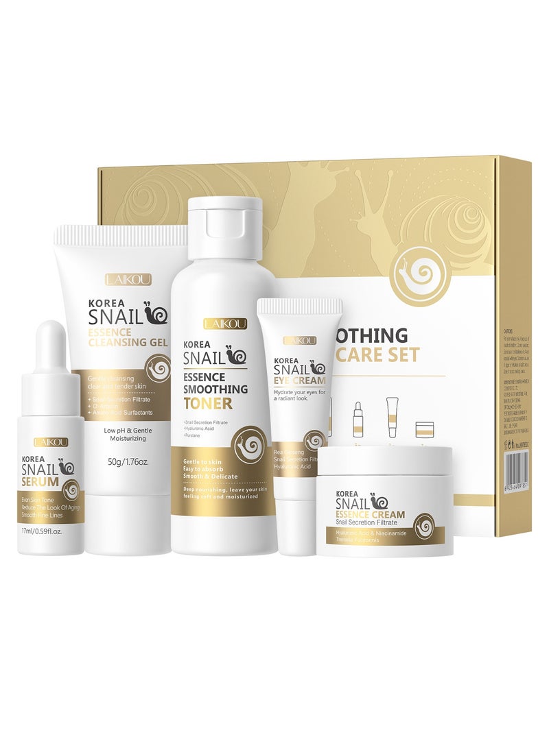 Laikou 5PCS Snail Revitalizing Skincare Set Deep Hydration Soften&Smooth Anti Aging Face Skin Set Fade Dark Eye Circles Eye Cream Smoothing Toner, Radiance Serum, Tightening Eye Cream, Long-Lasting Moisturization Face Cream, Tender Skin Cleansing Gel - Image 1