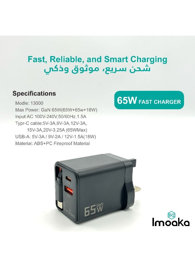 Imoaka 65W USB-C Wall Charger, Dual Port Quick Charge  Power Adapter, Smart Power Delivery, Compatible with Smartphones, Tablets, AirPods, Digital Cameras - Image 2