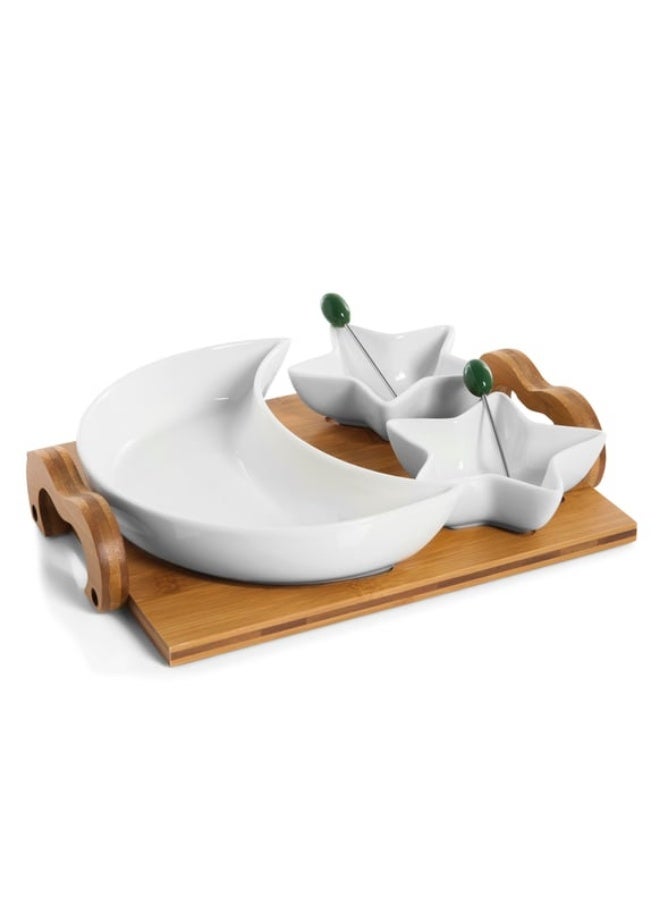 طقم تقديم سيراميك مكون من 3 قطع بقاعدة من الخيزران - شكل هلال ونجمة (أبيض)