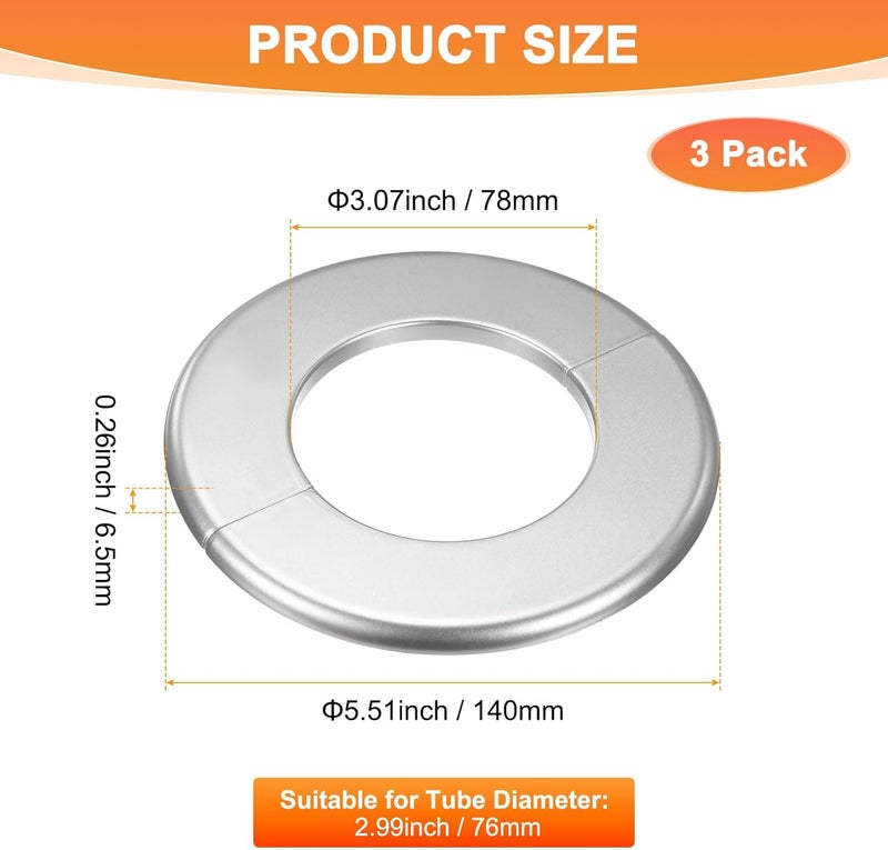 M METERXITY 3-Pack Wall Split Flange, ABS Round Self-Adhesive Escutcheon Plate Cover Buckle for 76mm/2.99 in Dia Pipe Accessories/Floor/Ceiling, Plumbing Cover Plates [Silver,6.5mm/0.26in H] - Image 3