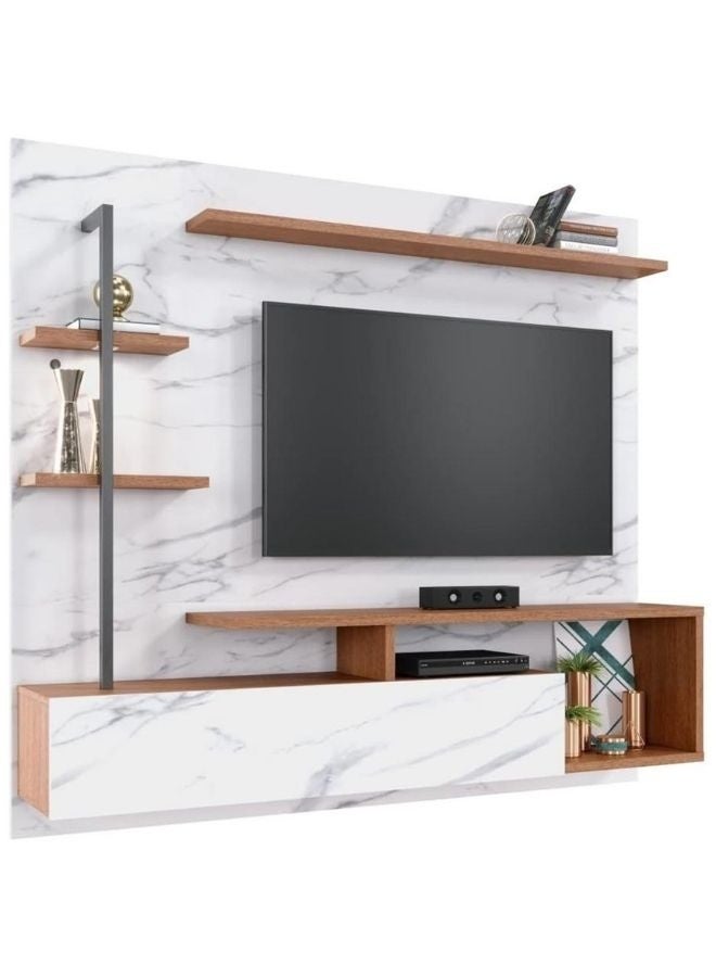 KARNAK Karnak Marbled Effect Calacatta Natural TV Stand for TVs up to 55 Inches, 180cm Modern Entertainment Console with Storage Cabinets & Doors, MDF Wood, White + Oak Finish – Living Room Media Unit  - Image 2