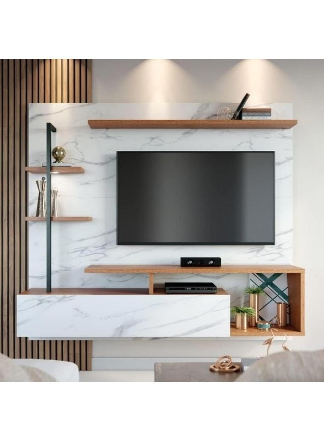 KARNAK Karnak Marbled Effect Calacatta Natural TV Stand for TVs up to 55 Inches, 180cm Modern Entertainment Console with Storage Cabinets & Doors, MDF Wood, White + Oak Finish – Living Room Media Unit  - Image 1