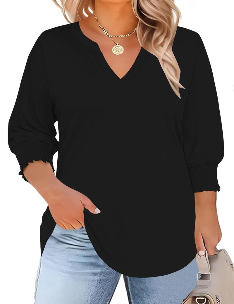 TFSDOD Blouses for Women Dressy Casual Black Shirt Womens Spring Clothes Plus Size Summer Outfis V Neck Smocked Tops Women 3/4 Sleeve Tunics 5X - Image 1