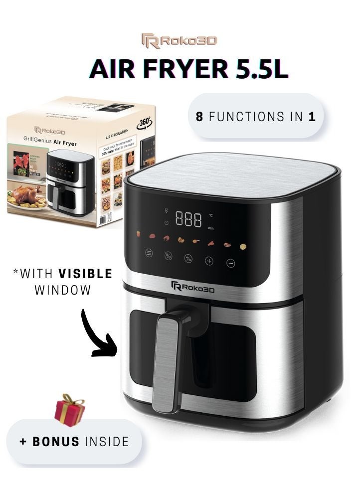 Roko3D Air Fryer ROKO 3D with Visible Window - 5L Capacity for 3-5 Persons | 8 in 1 - Fry, Bake, Toast, Broil, Reheat without Oil - 1400W, Dishwasher Safe Stainless Steel Design, Luxury Black and Silver - Image 1