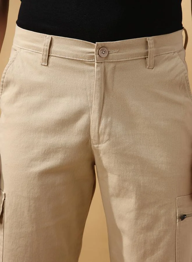 Dennis Lingo Men's Beige 100% Cotton Solid Pattern Cropped Length Cargo Regular Fit Shorts