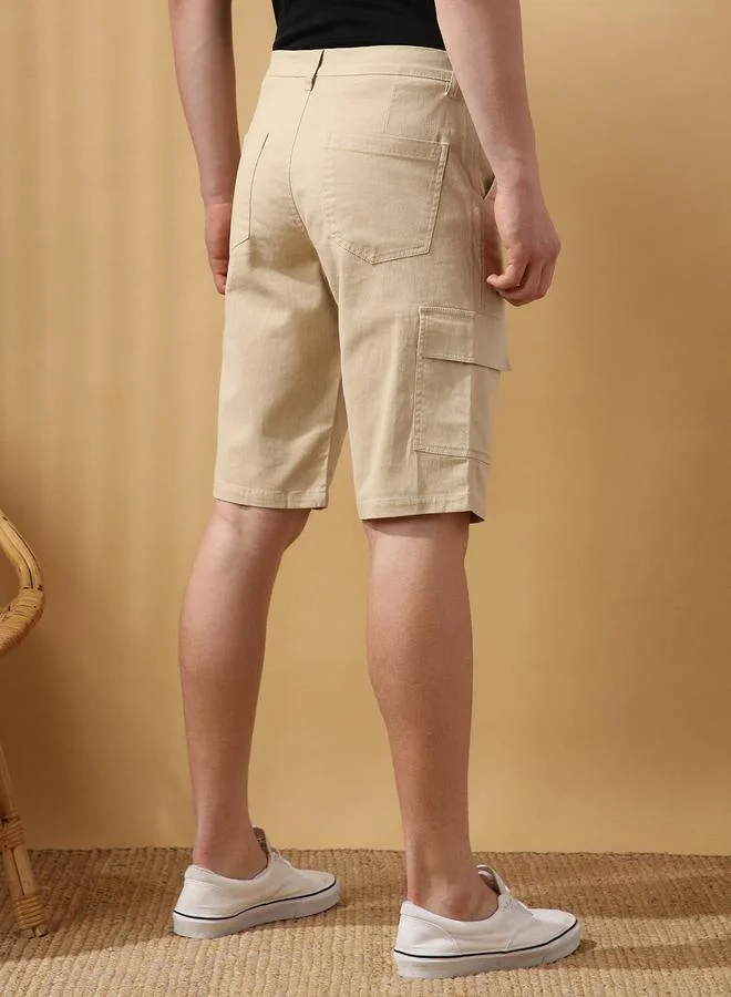 Dennis Lingo Men's Beige 100% Cotton Solid Pattern Cropped Length Cargo Regular Fit Shorts