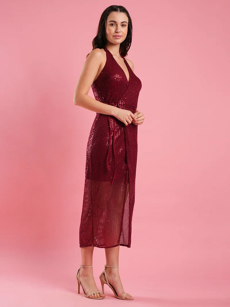 جلو باص فستان ميدي نسائي جلوبس بياقة هالتر شبكي مزين