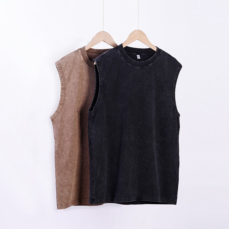230g Pure Cotton T-Shirt, Vintage-Style Sleeveless T-Shirt, Washed Drop-Shoulder All-Cotton Women's T-Shirt, Loose Tank Top, Pure Cotton Short-Sleeve T-Shirt for  Men - Image 2
