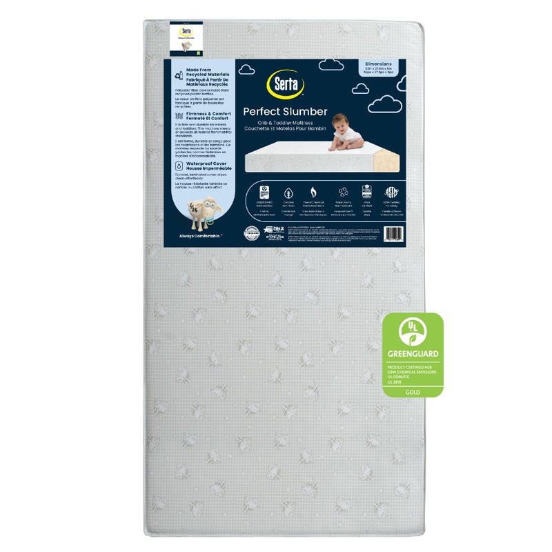 Delta CHILDREN Serta Perfect Slumber Dual Sided Crib and Toddler Mattress Waterproof Hypoallergenic Premium Sustainably Sourced Fiber Core GREENGUARD Gold Certified NonToxic 7 Year Warranty Made in USA