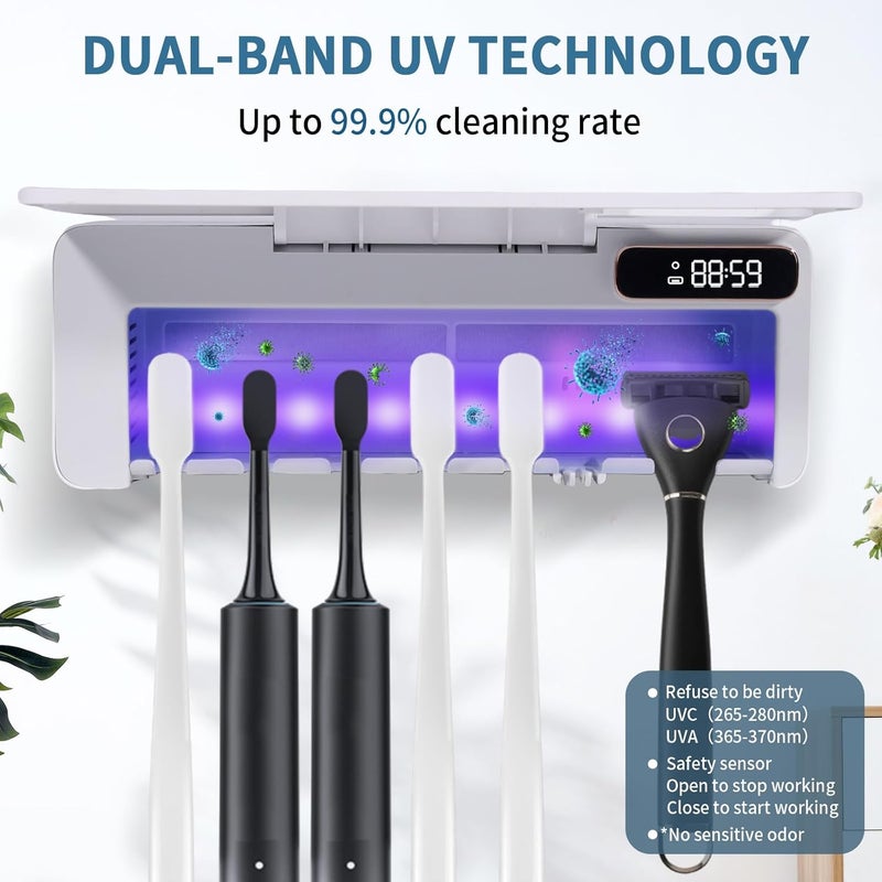 حامل فرشاة أسنان ZOZOO UV معقم بنسبة تنظيف 99.9%، تجفيف بالهواء، تسخين، 5+1+1 فتحات، ذاكرة 12 ساعة، قابل للشحن، مثبت على الحائط بلاصق قوي مع غطاء للحمام (أبيض) - Image 2