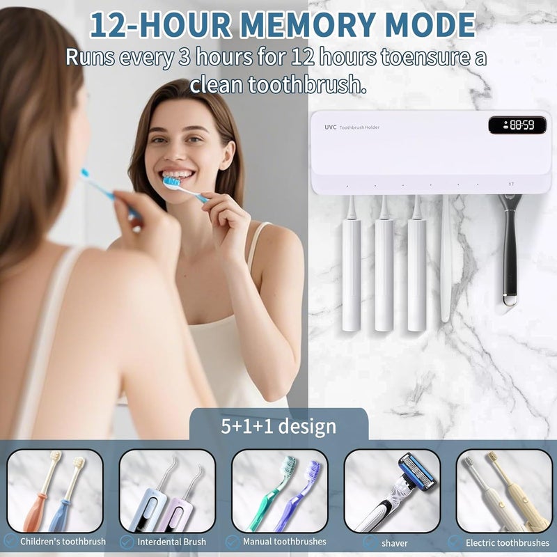 حامل فرشاة أسنان ZOZOO UV معقم بنسبة تنظيف 99.9%، تجفيف بالهواء، تسخين، 5+1+1 فتحات، ذاكرة 12 ساعة، قابل للشحن، مثبت على الحائط بلاصق قوي مع غطاء للحمام (أبيض) - Image 4