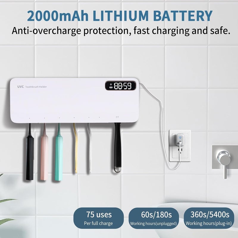 حامل فرشاة أسنان ZOZOO UV معقم بنسبة تنظيف 99.9%، تجفيف بالهواء، تسخين، 5+1+1 فتحات، ذاكرة 12 ساعة، قابل للشحن، مثبت على الحائط بلاصق قوي مع غطاء للحمام (أبيض) - Image 5