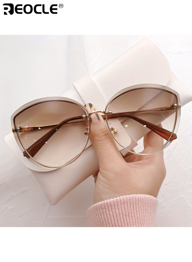 REOCLE Women's Fashion Glasses with Irregular Trimmed Lenses Oversized Cat Eye Design Luxury Show Style Decorative Eyewear for Daily and Special Occasions