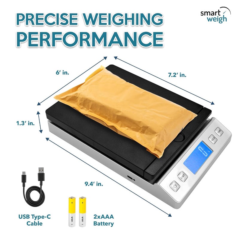 ميزان شحن رقمي ذكي بوزن يصل إلى 66 رطل ودقة تصل إلى 0.1 أوقية، يحتوي على وظيفة الاحتفاظ بالوزن ووظيفة الوزن الصافي، مثالي للطرود والبريد. يشمل البطاريات وكابل USB-C، ويعتبر موثوقًا للاستخدام في البريد والشحن. - Image 2
