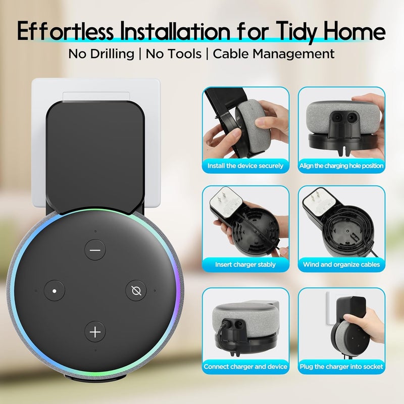 حامل تثبيت على الجدار لجهاز Echo Dot من الجيل الثالث، إكسسوارات موفرة للمساحة لسماعات المنزل الذكي، إكسسوارات ذكية لجهاز Echo Dot (الجيل الثالث) مع إدارة كابلات مدمجة بدون أسلاك مربكة – اللون أسود - Image 4