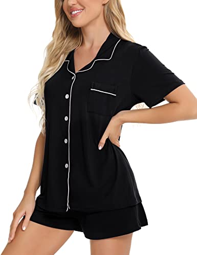 SWOMOG Womens Button Down Pajamas Set Short Sleeve Sleepwear Bride Soft Pj Lounge Sets XS-3XL Black X-Large - Image 2