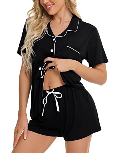 SWOMOG Womens Button Down Pajamas Set Short Sleeve Sleepwear Bride Soft Pj Lounge Sets XS-3XL Black X-Large - Image 1
