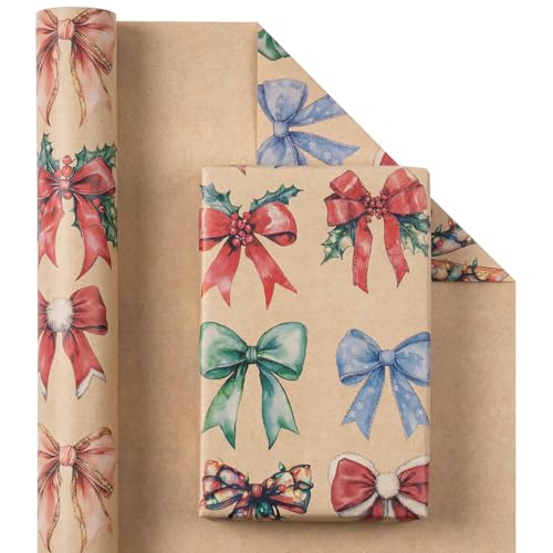 RUSPEPA Kraft Christmas Wrapping Paper Roll for Girls Mini Roll Colorful Bow Design with Red Green Silver and Gold Kraft Gift Wrap for Christmas Holiday Winter Party 17 Inches x 164 Feet - Image 3