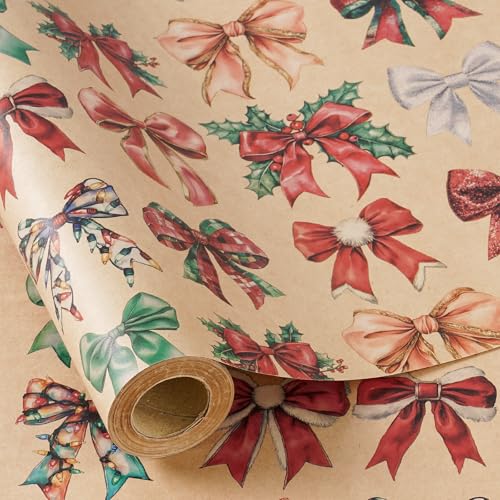 RUSPEPA Kraft Christmas Wrapping Paper Roll for Girls Mini Roll Colorful Bow Design with Red Green Silver and Gold Kraft Gift Wrap for Christmas Holiday Winter Party 17 Inches x 164 Feet - Image 1