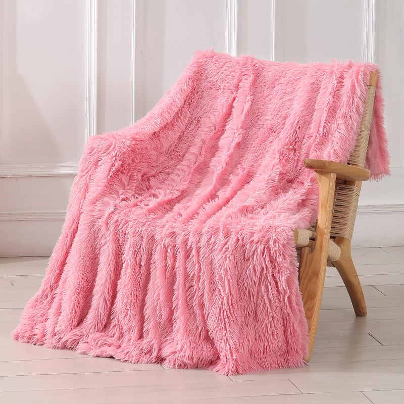 Tuddrom Decorative Extra Soft Faux Fur Throw Blanket 50x60Solid Reversible Fuzzy Double Layers Long Hair Shaggy BlanketFluffy Cozy Plush Fleece Comfy Microfiber Blanket for Couch Sofa BedPink
