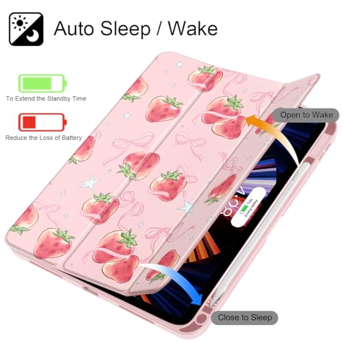 May Chen Case for iPad Air 13 Inch M4 2026, M3 2025, M2 2024, [Built-in Pencil Holder] Shockproof Cover with Clear Transparent Back Shell, Auto Sleep/Wake Cover, Bow Strawberry - Image 3