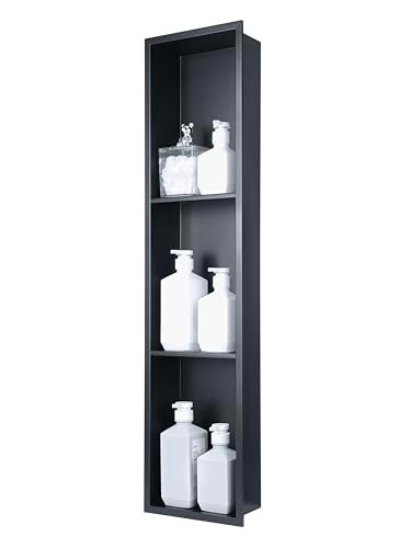 IKITRAEE Tall Niche ThreeTiered Shelves Embedded in The WallShower Niche No Tile Needed for Bathroom Niche Decor Stainless SteelBlack 8x 36 - Image 1