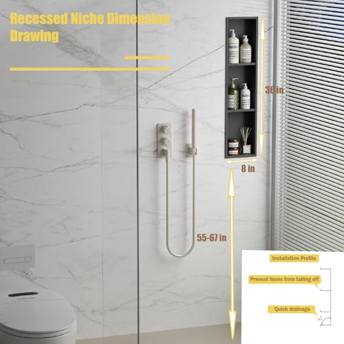 IKITRAEE Tall Niche ThreeTiered Shelves Embedded in The WallShower Niche No Tile Needed for Bathroom Niche Decor Stainless SteelBlack 8x 36 - Image 3
