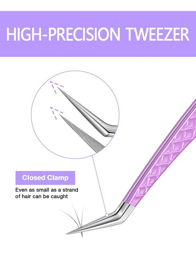 MORGLES Tweezers For Lash Extensions, Morgles Fiber Tip Lash Extension Tweezers For Volume Lashes With Bag, Purple - Image 2