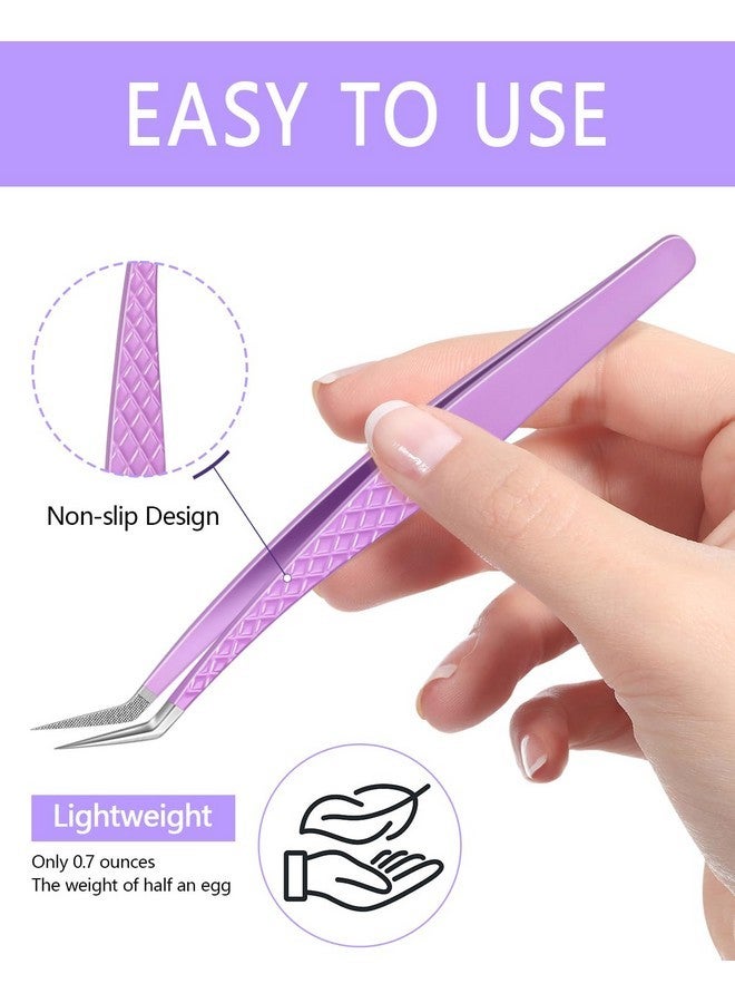 MORGLES Tweezers For Lash Extensions, Morgles Fiber Tip Lash Extension Tweezers For Volume Lashes With Bag, Purple - Image 3