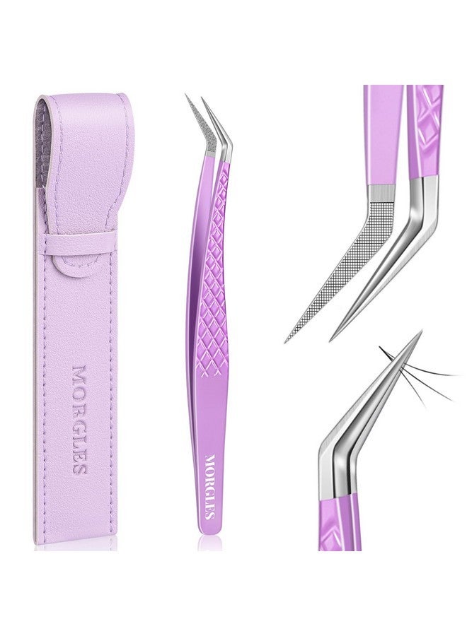 MORGLES Tweezers For Lash Extensions, Morgles Fiber Tip Lash Extension Tweezers For Volume Lashes With Bag, Purple - Image 1