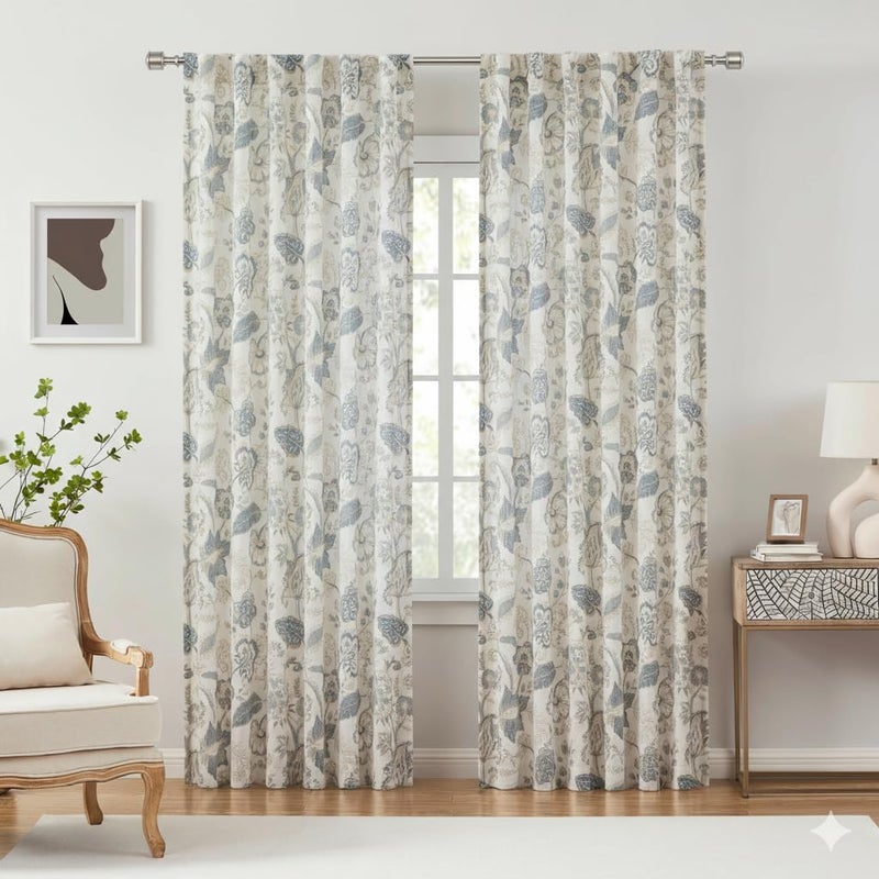 Kayne Studio Backtab Rod Pocket Jacobean Floral Semi Sheer Curtains Boho Botanical Leaf Printed Vintage Farmhouse Blue Grey Light Filtering Window Treatment Sets Living Room Bedroom,52"x84",2 Panels - Image 2
