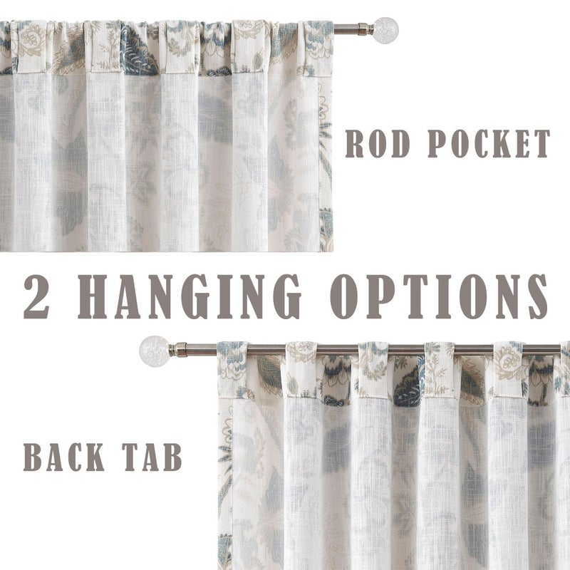 Kayne Studio Backtab Rod Pocket Jacobean Floral Semi Sheer Curtains Boho Botanical Leaf Printed Vintage Farmhouse Blue Grey Light Filtering Window Treatment Sets Living Room Bedroom,52"x84",2 Panels - Image 4